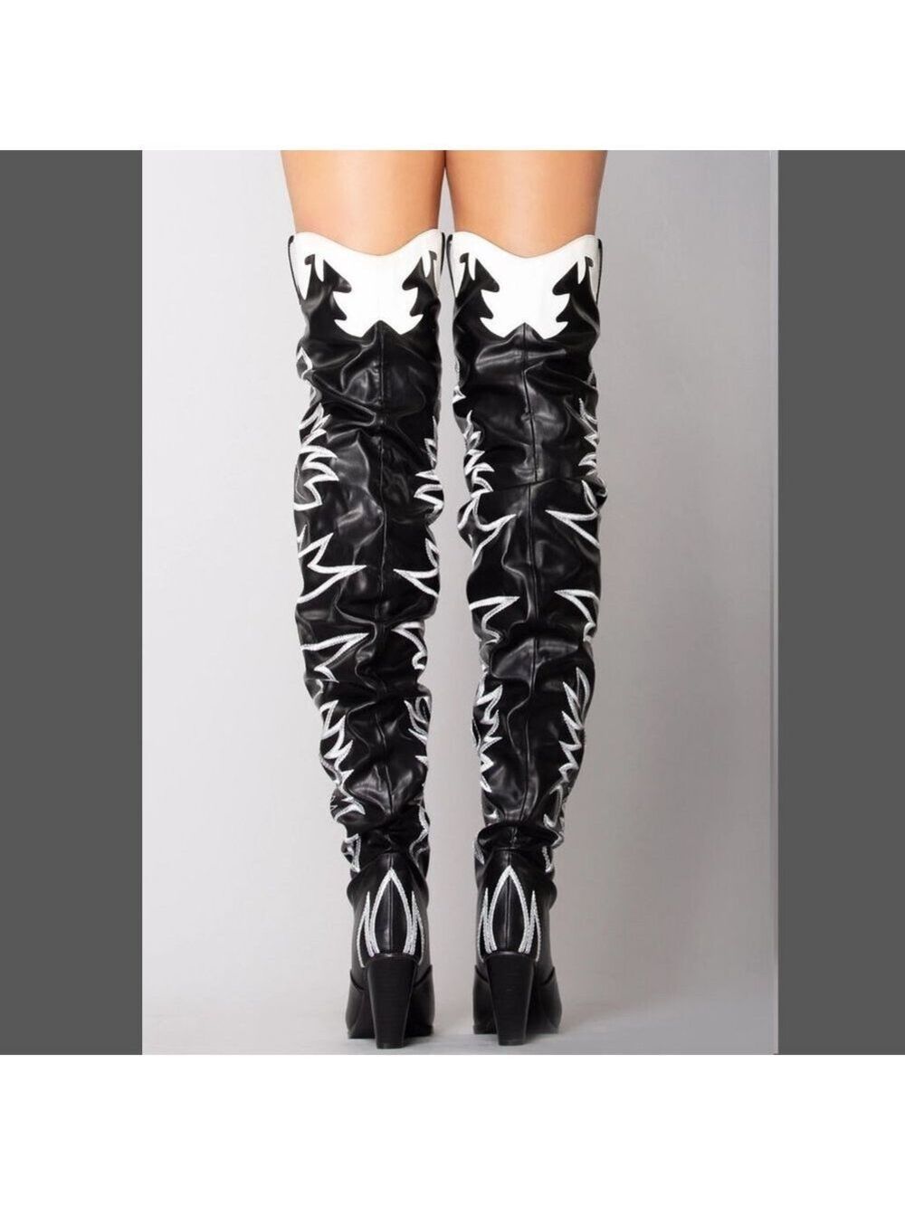 Kelsey Black Embroidered White Thigh High Western Cowboy Slouch Boots - Picture 4 of 8
